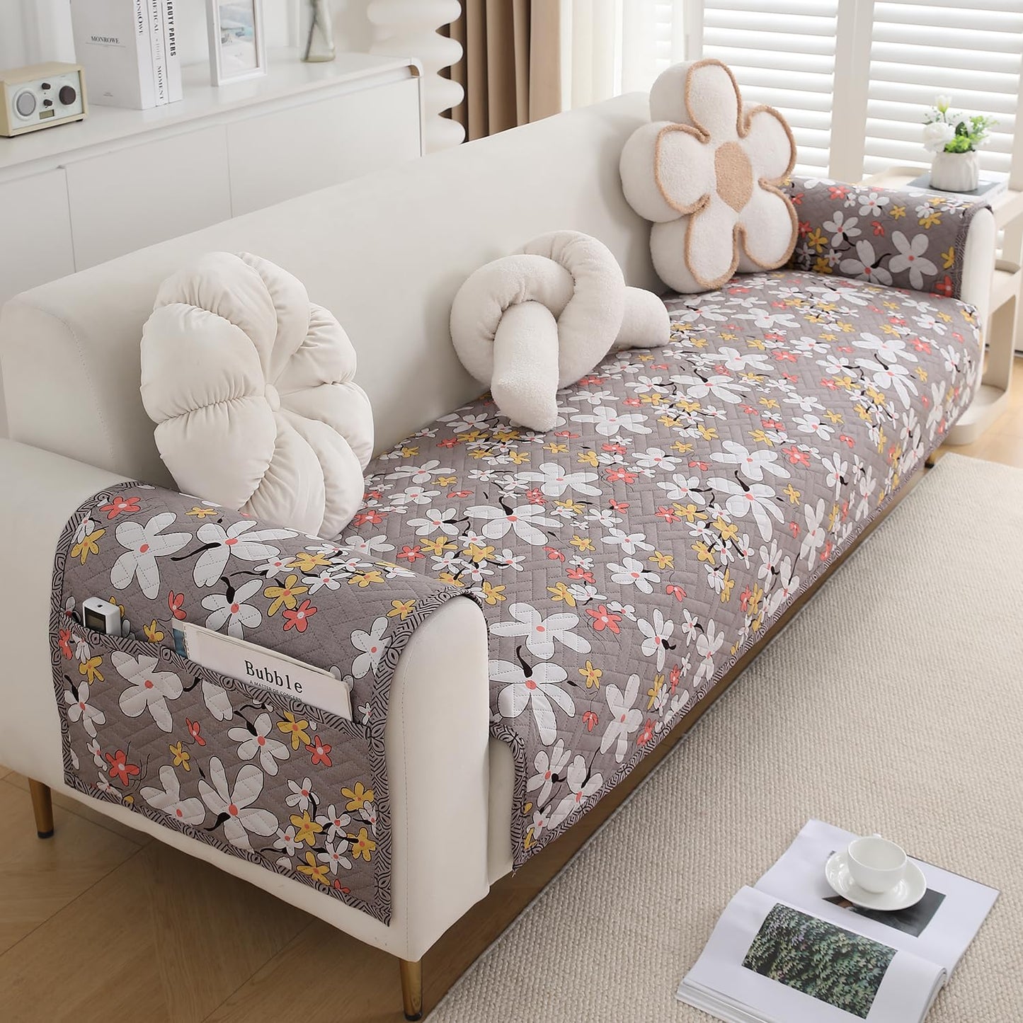 HOKIPO Quilted Sofa Seat Mat for 1/2/3 Seater with 2 Armrest Covers with Pockets, Pastel Brown Sandwort Flower
