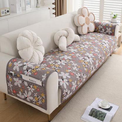 HOKIPO Quilted Sofa Seat Mat for 1/2/3 Seater with 2 Armrest Covers with Pockets, Pastel Brown Sandwort Flower