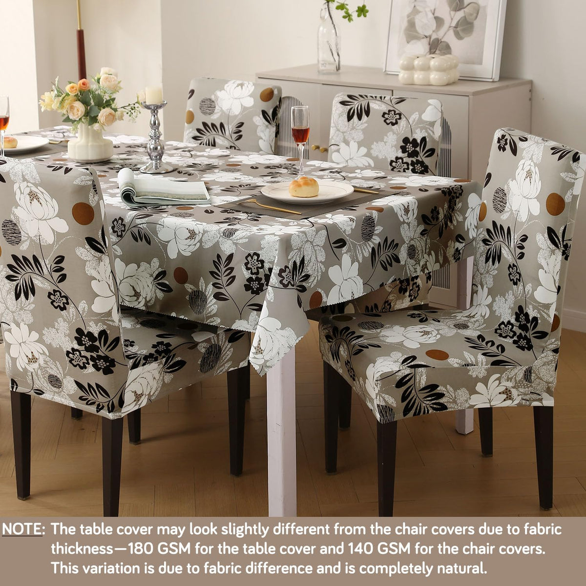 Elastic Dining Chair Covers with Matching Tablecloth, Feather Brown Floral
