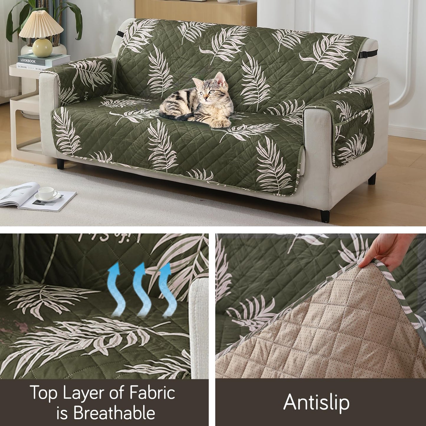 Quilted Waterproof Sofa Cover Mat with Pockets on Armrest Cover - Palm Leaves Olive