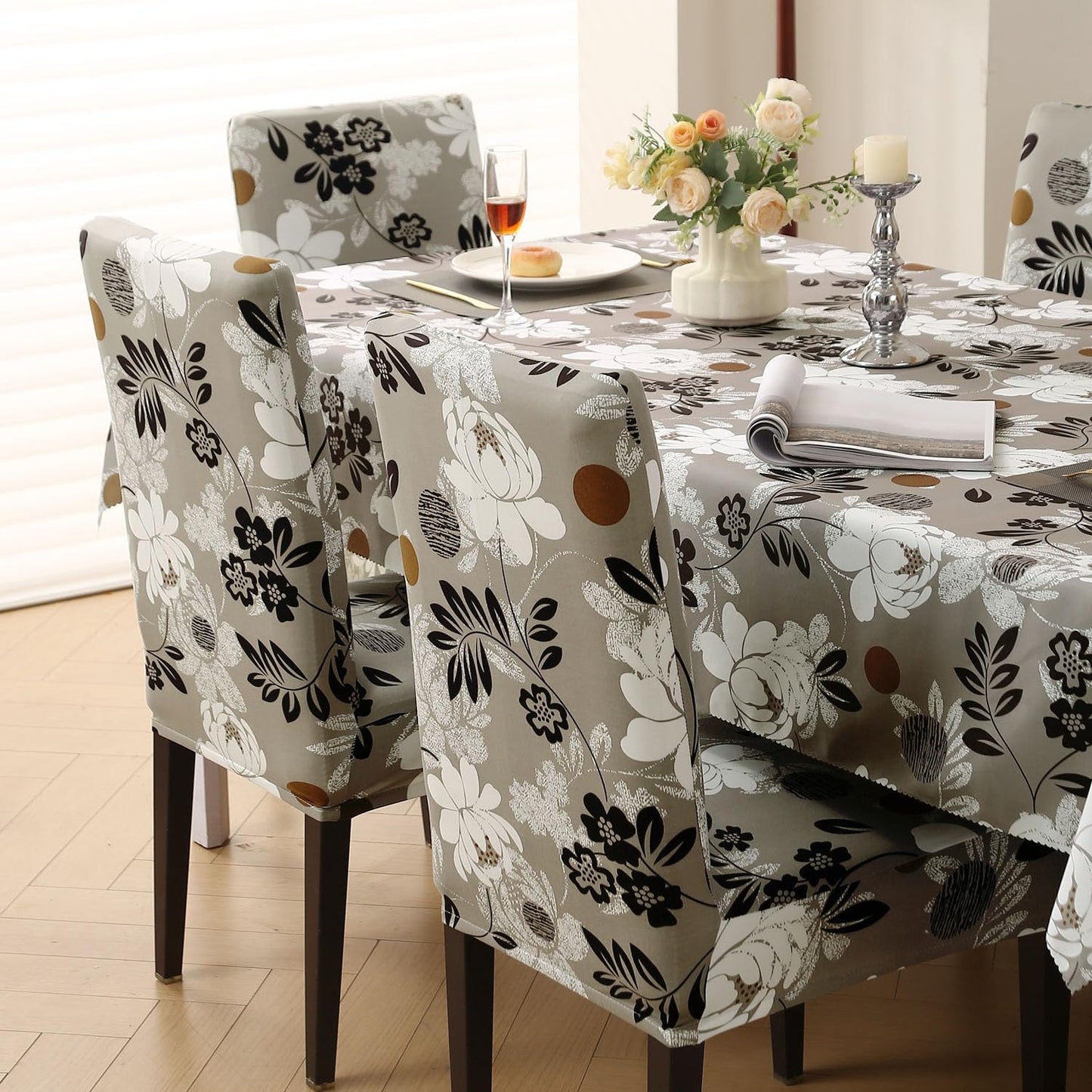 Elastic Dining Chair Covers with Matching Tablecloth, Feather Brown Floral