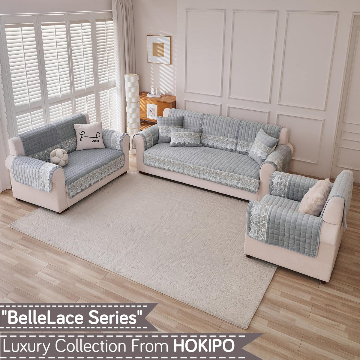 BelleLace Series Imperial Milk Velvet Sofa Cover Mat with Lace Design - Cloud Grey