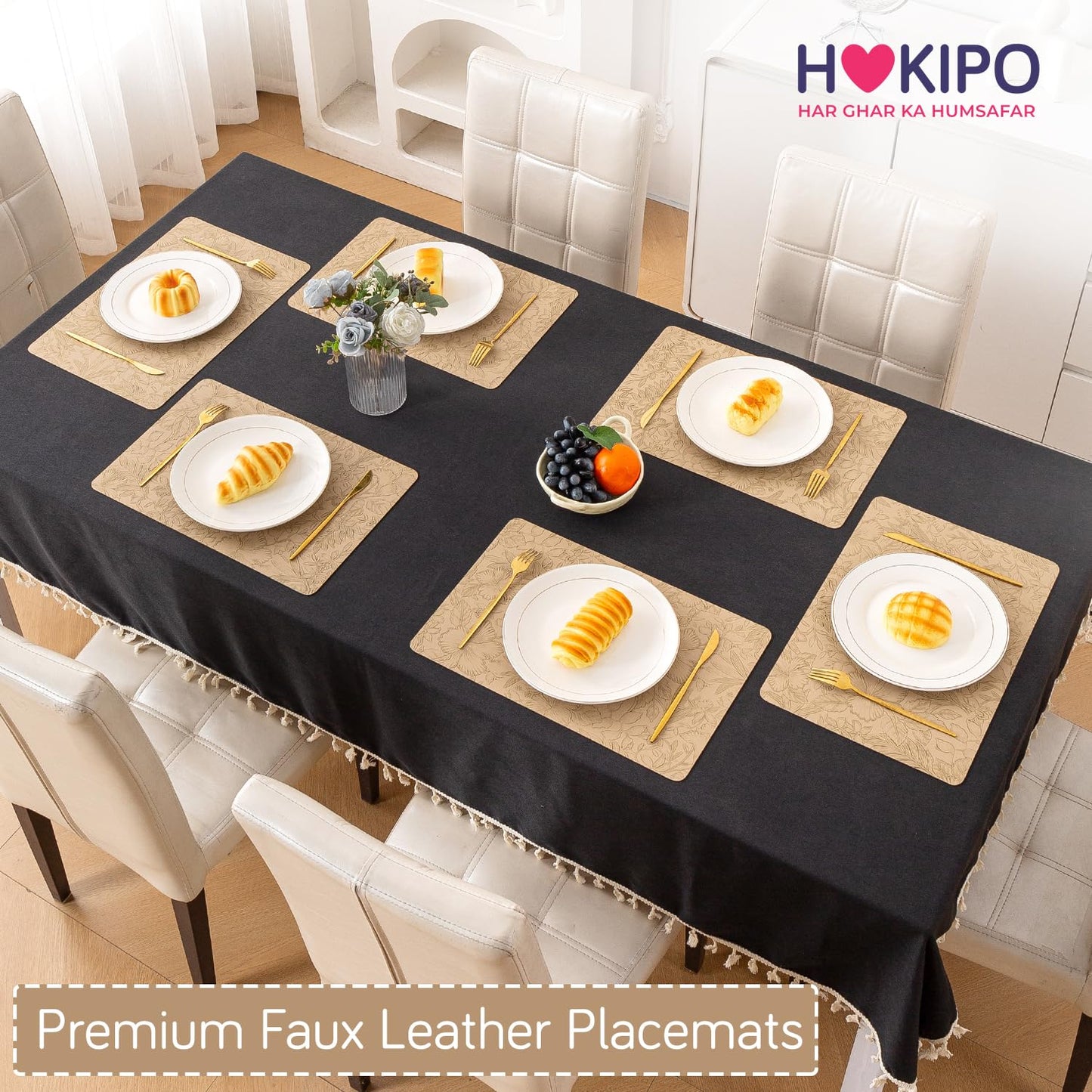 Hibiscus Bloom Washable Leather Mats for Dining Table - Sand Beige