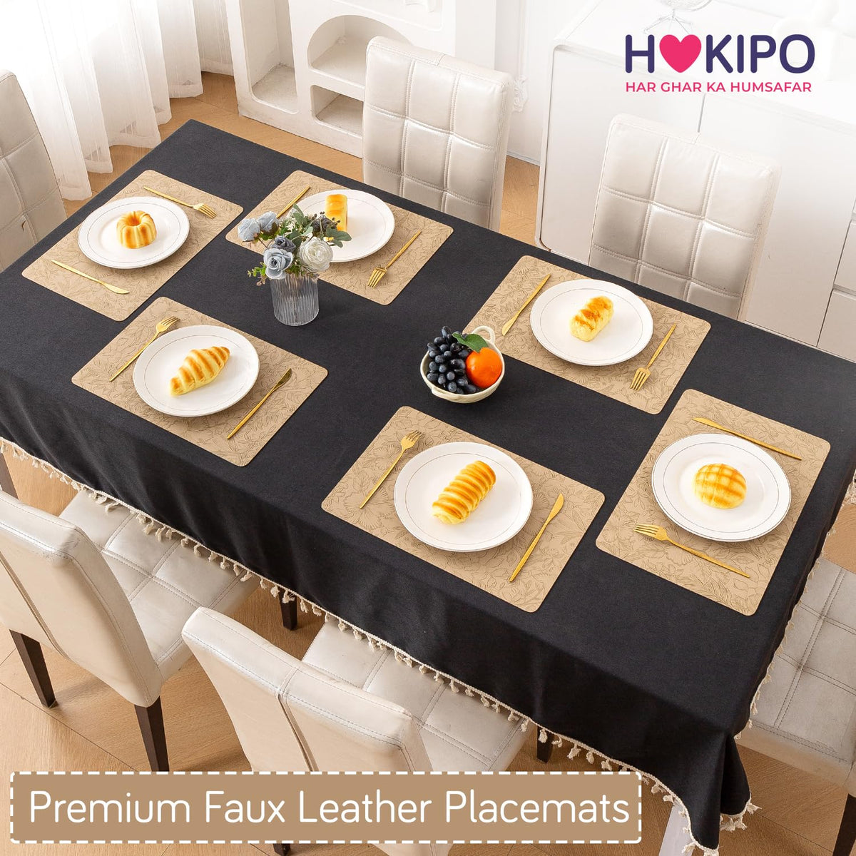 Hibiscus Bloom Washable Leather Mats for Dining Table - Sand Beige