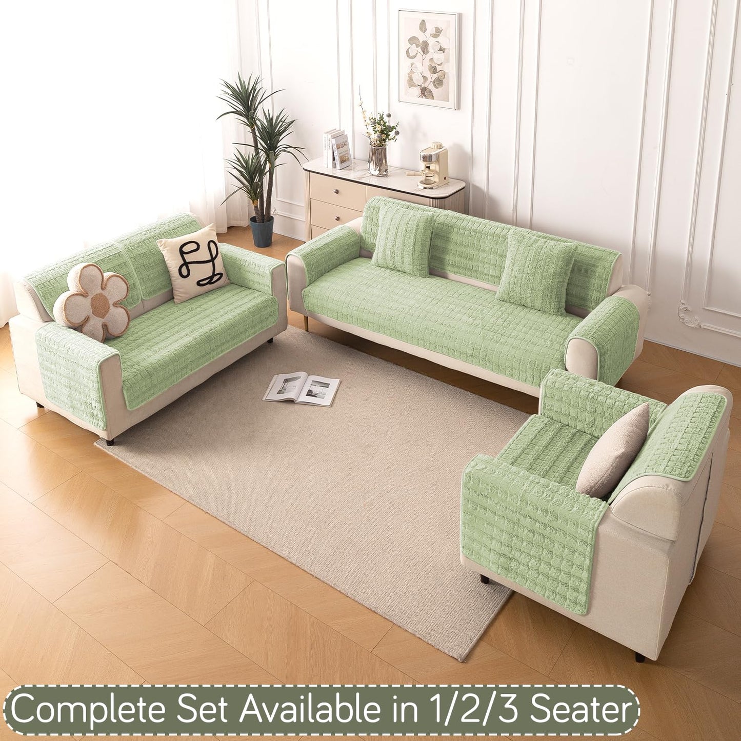 Premium Plush Anti Slip Sofa Cover Mat, Pastel Green