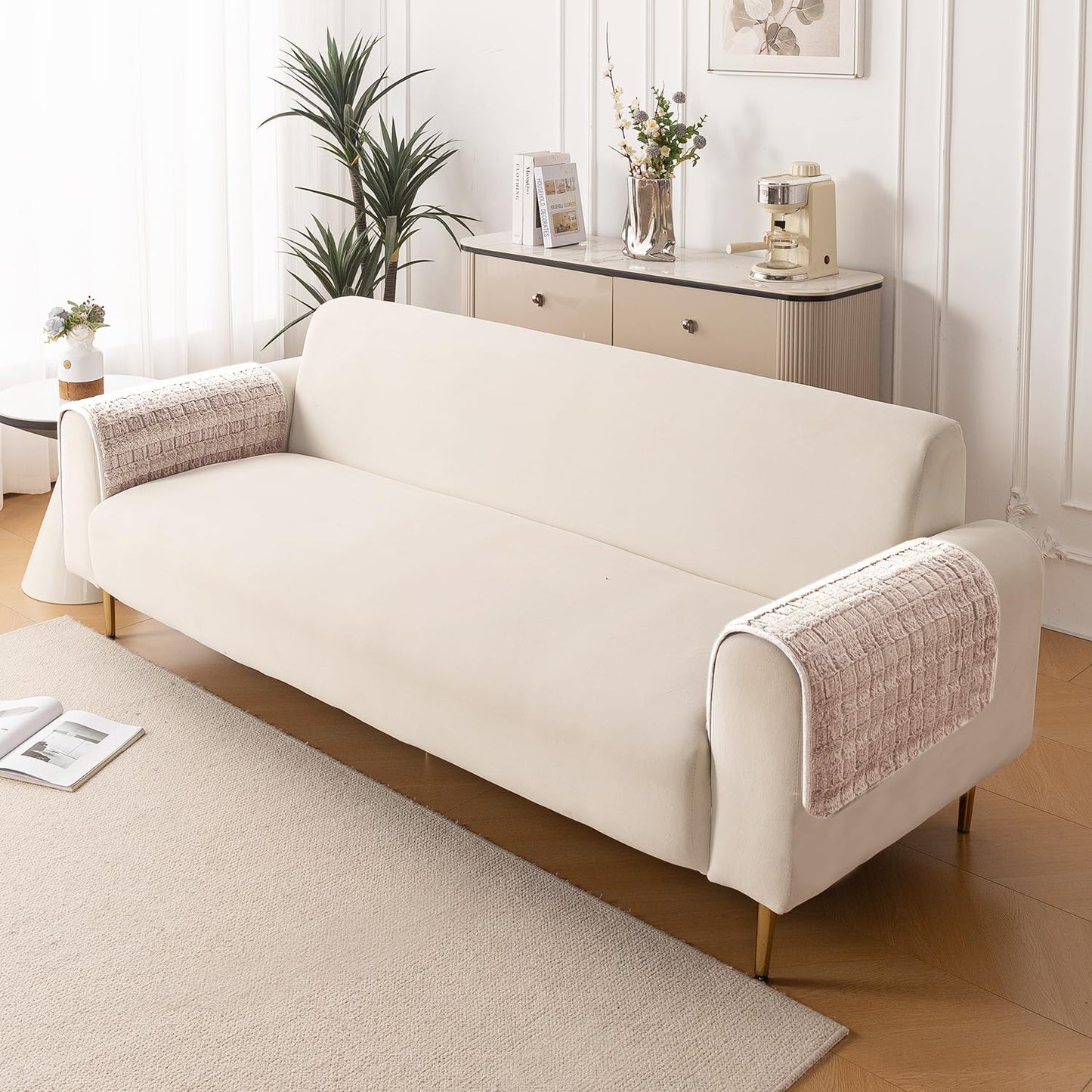 Premium Plush Anti Slip Sofa Cover Mat, Beige