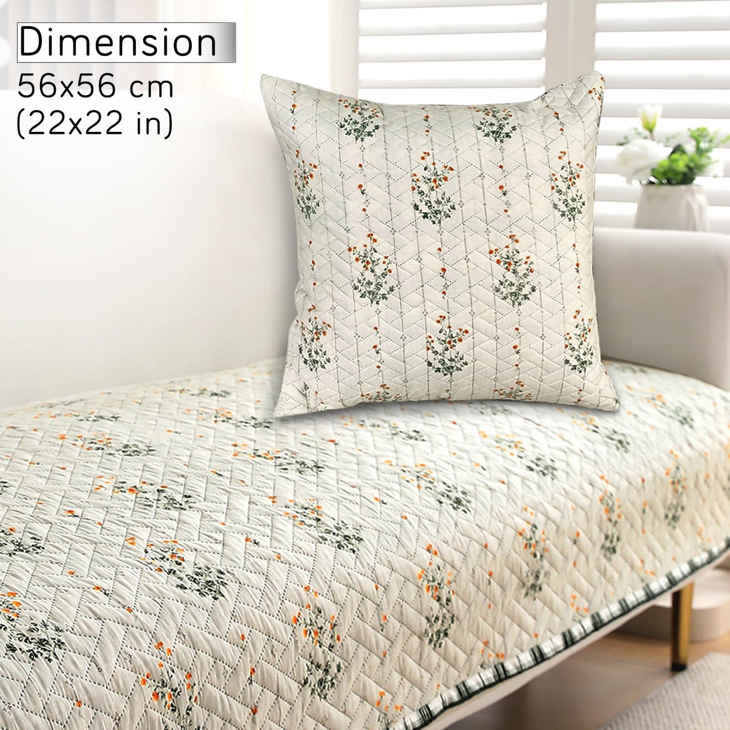 HOKIPO Printed Quilted Sofa Cushion Cover Pack of 2, Light Green Ash Gypsy Flower