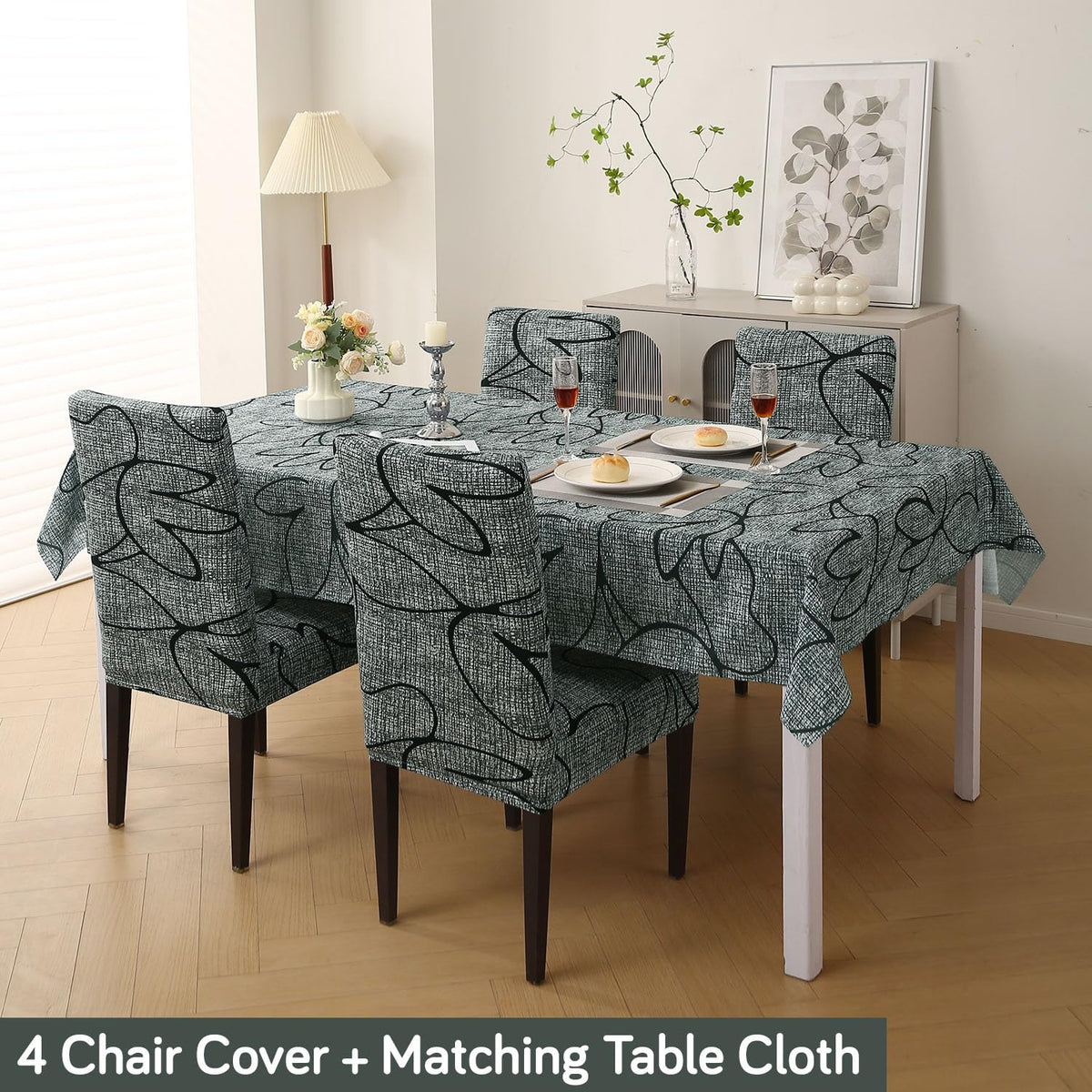 Elastic Dining Chair Covers with Matching Tablecloth, Intense Grey Abstract Floral