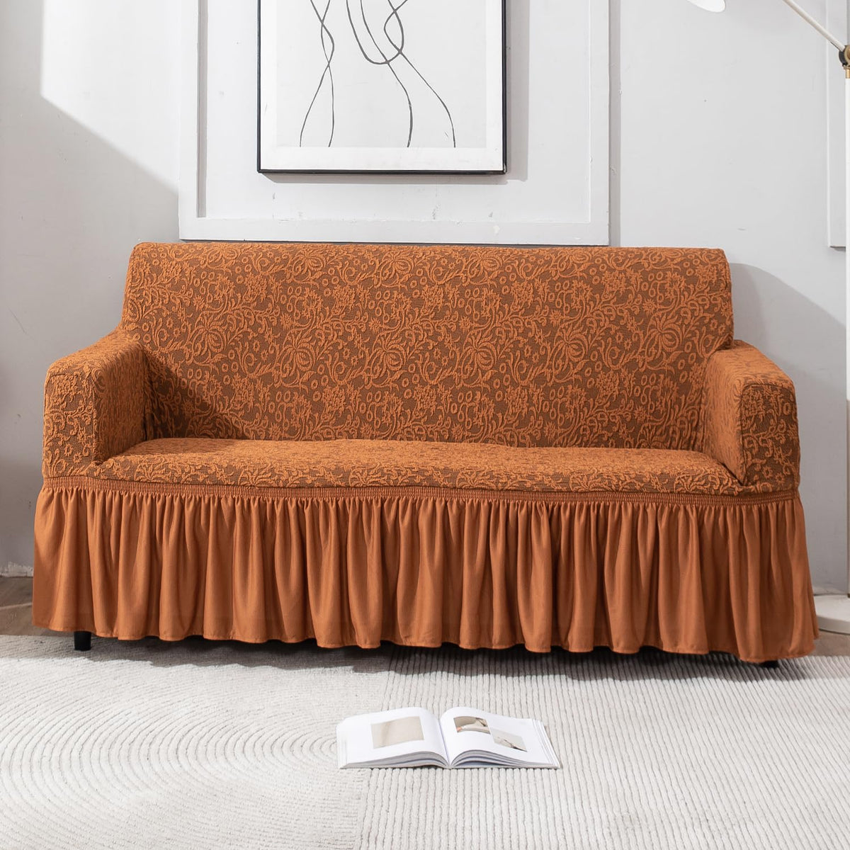 Elastic Stretchable Designer Woven Jacquard Sofa Cover with Frill, Caramel Brown
