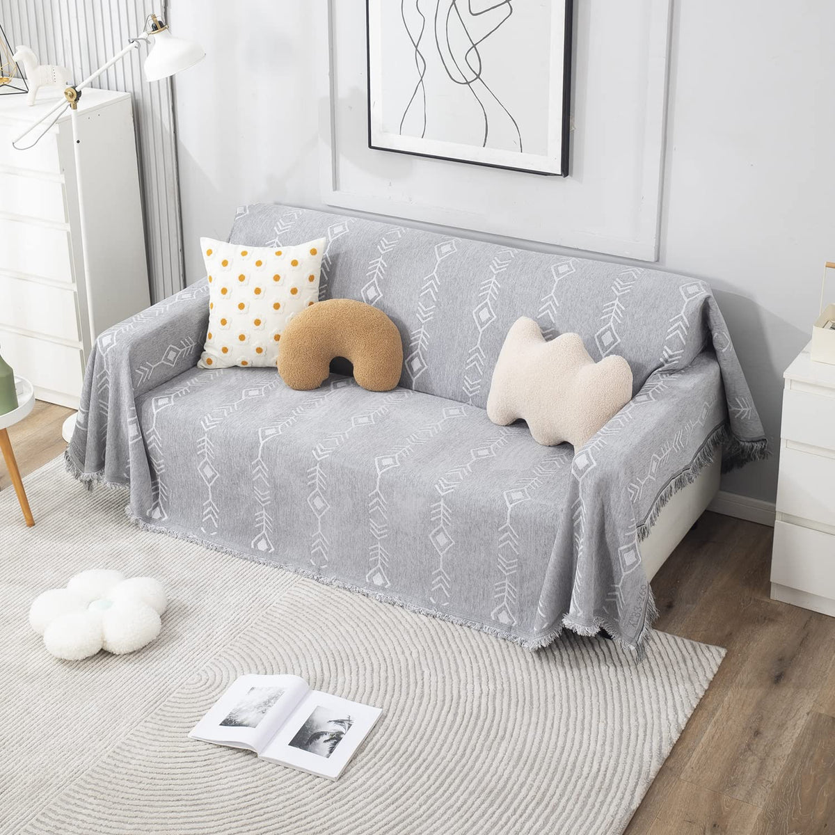 Thick, Soft and Pet Friendly Chenille Sofa Cover Throw, Grey Aztec