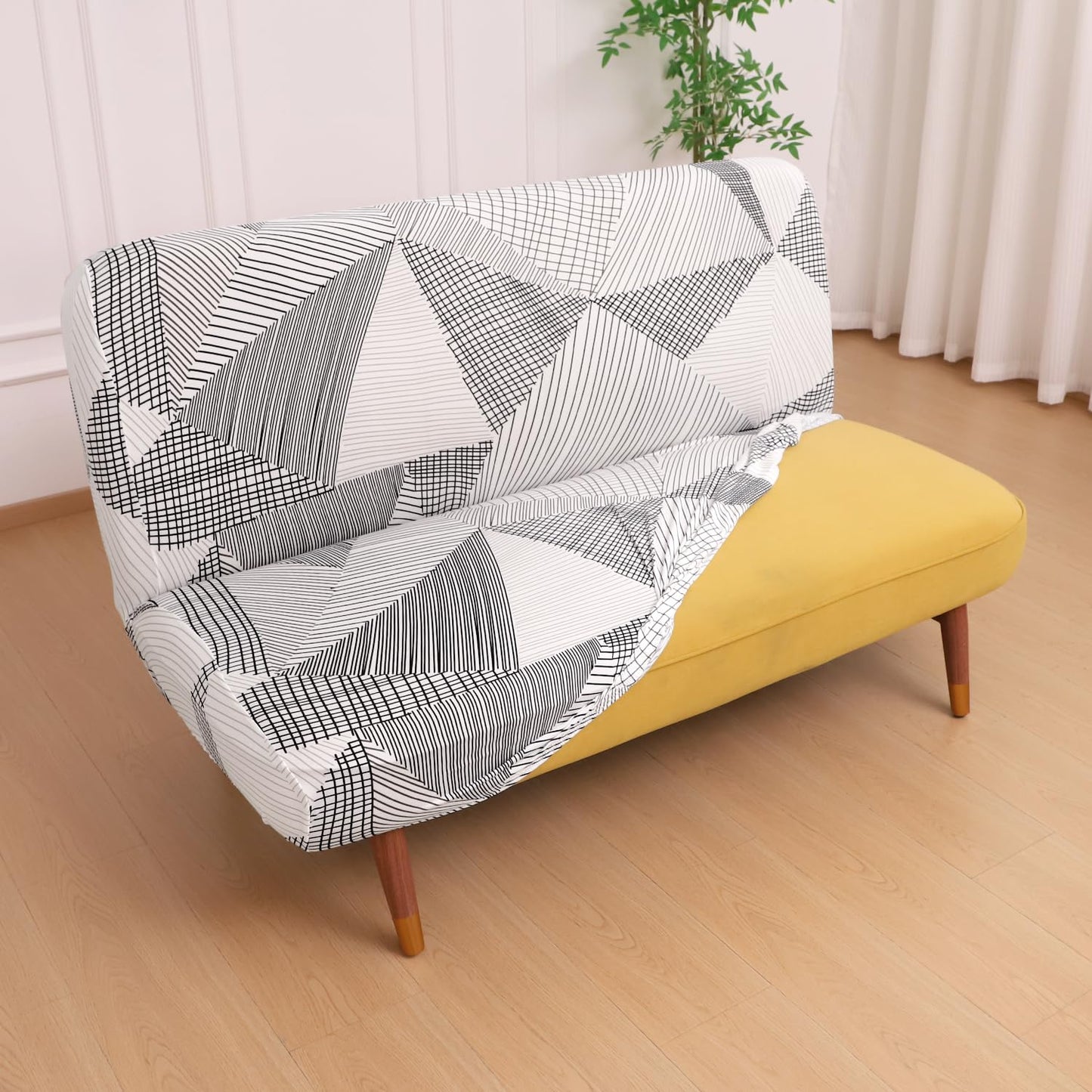 Elira Series Stretchable Elastic Armless Sofa Cover – 140 GSM, Futon Slipcover, Easy Fit, Snow White Black Geometry