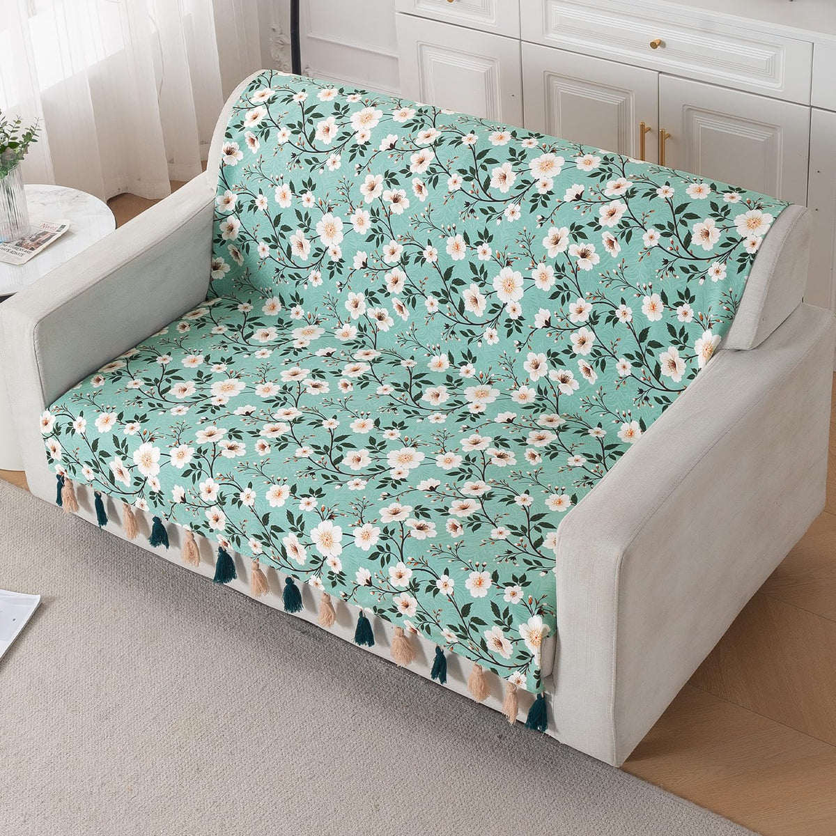 'Whispers of Nature' Series Holland Velvet Sofa Cover with Tassel, Sage Floral Vine