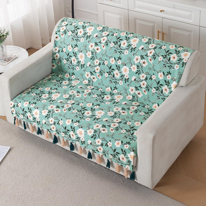 'Whispers of Nature' Series Holland Velvet Sofa Cover with Tassel, Sage Floral Vine