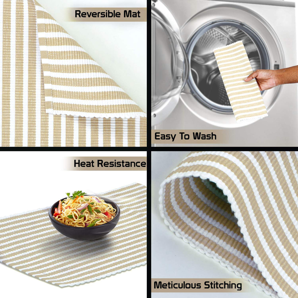 Ribbed Cotton Heat Resistant Dining Table Mat, Brown Striped