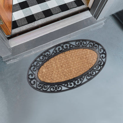 Natural Rubber Coir Oval Doormat with Designer Border, Anti-Slip Rubber Backing, 45x75 cm