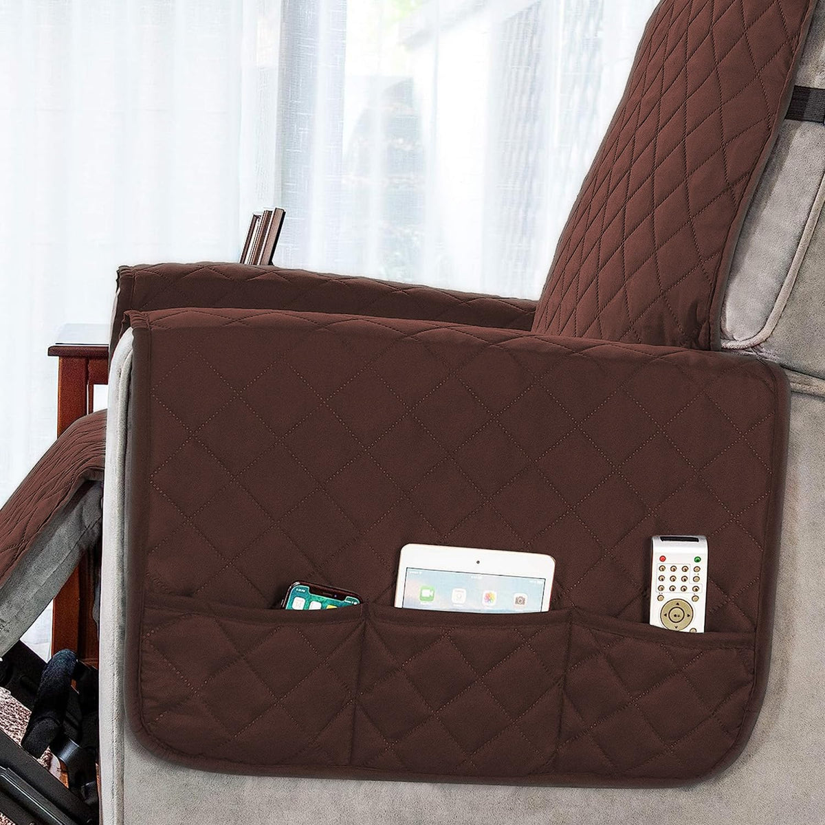 Quilted Recliner Chair Cover With Side Pockets for 1 Seater Sofa, Dark Brown