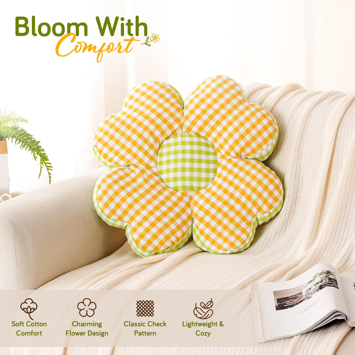 HOKIPO Checkered Daisy Flower Cushion for Sofa & Bed, 49 cm, Yellow