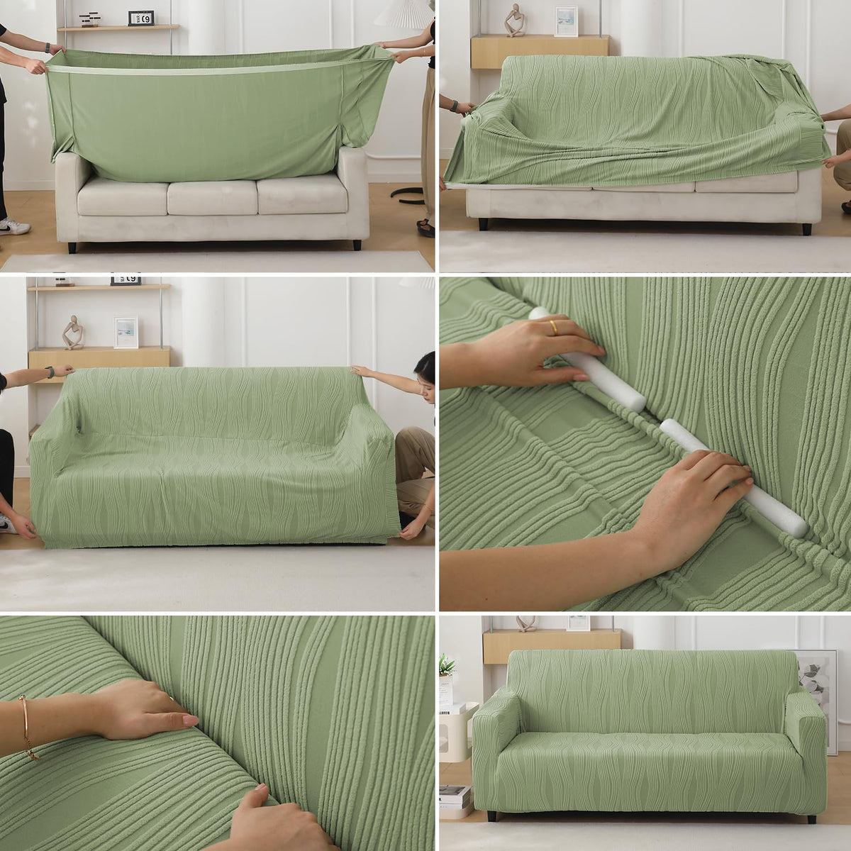 guide on how to put on pastel green nestiva series knitting jacquard elastic stretchable sofa cover | HOKIPO