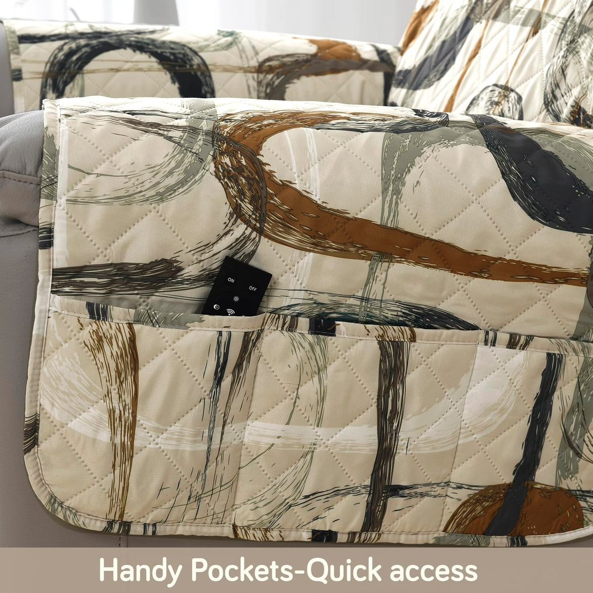Quilted Recliner Water Repellent & Waterproof Cover for Small / Large - Parchement Beige Abstract Art