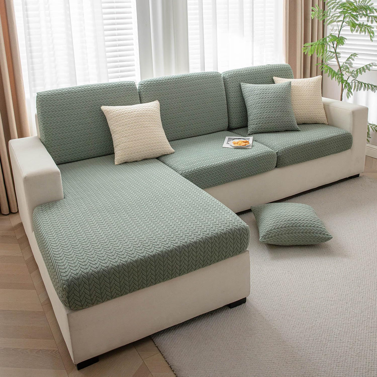 Luxurious Green Colour Grid Jacquard Sofa Pillow Cover