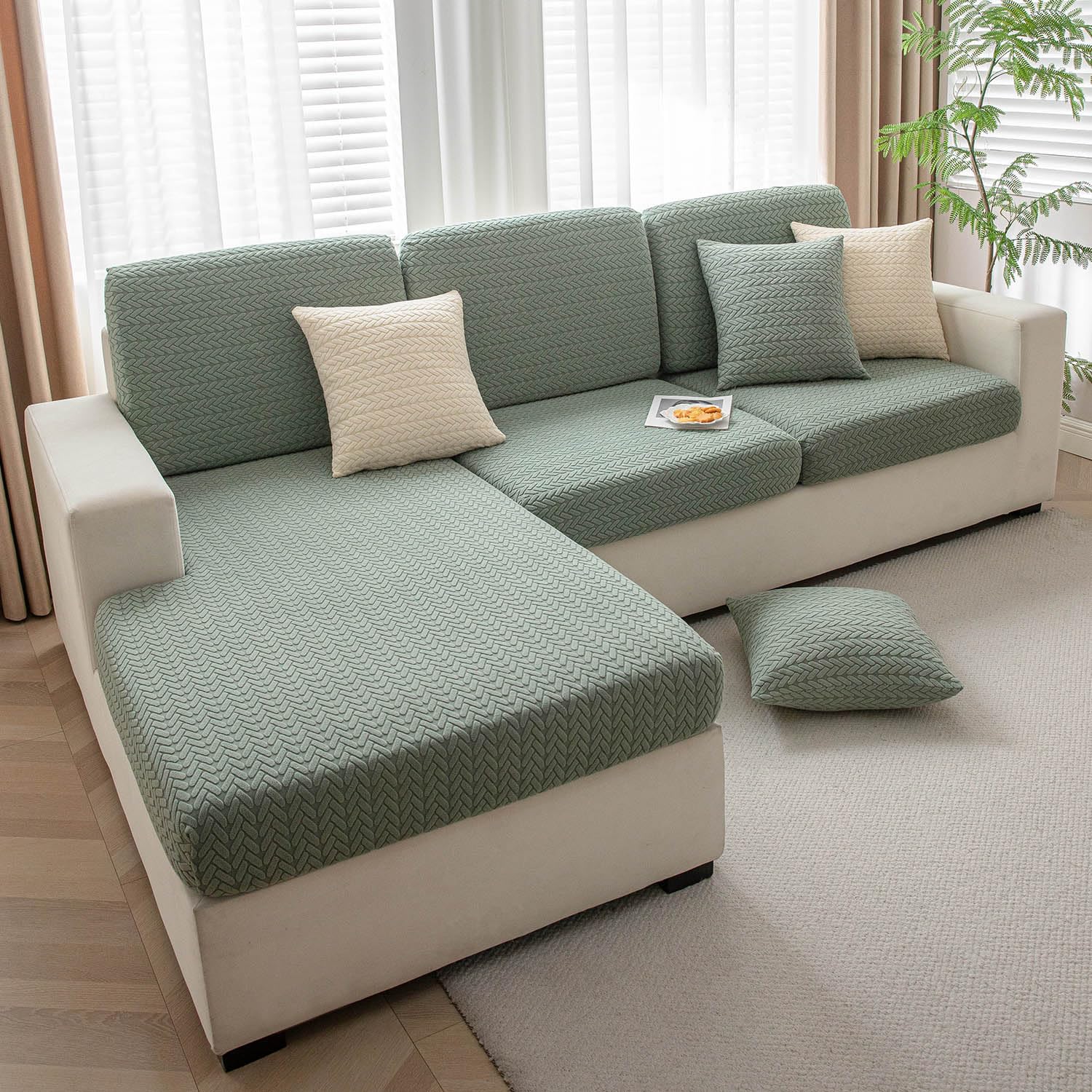 Luxurious Green Colour Grid Jacquard Sofa Pillow Cover