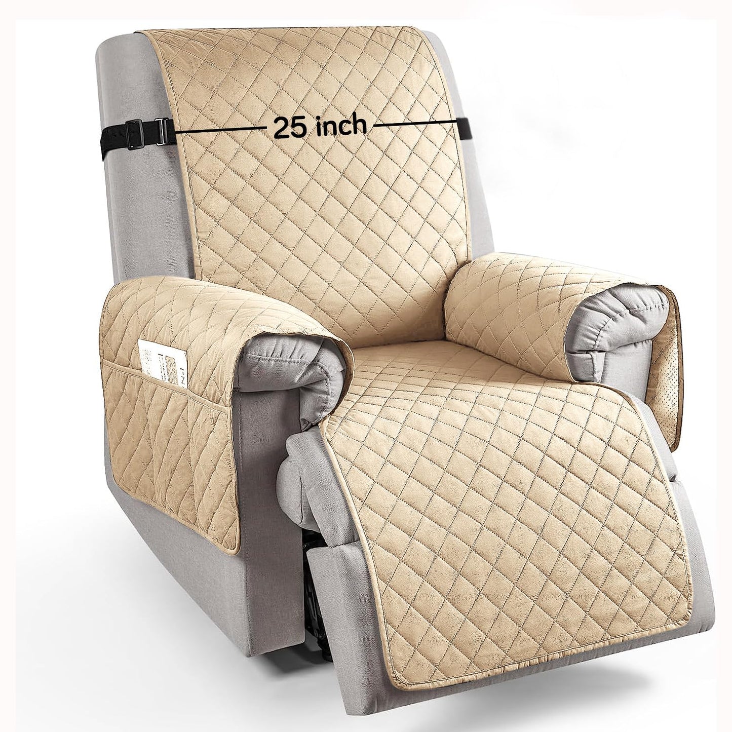 Quilted Recliner Chair Cover With Side Pockets for 1 Seater Sofa, Sand Brown