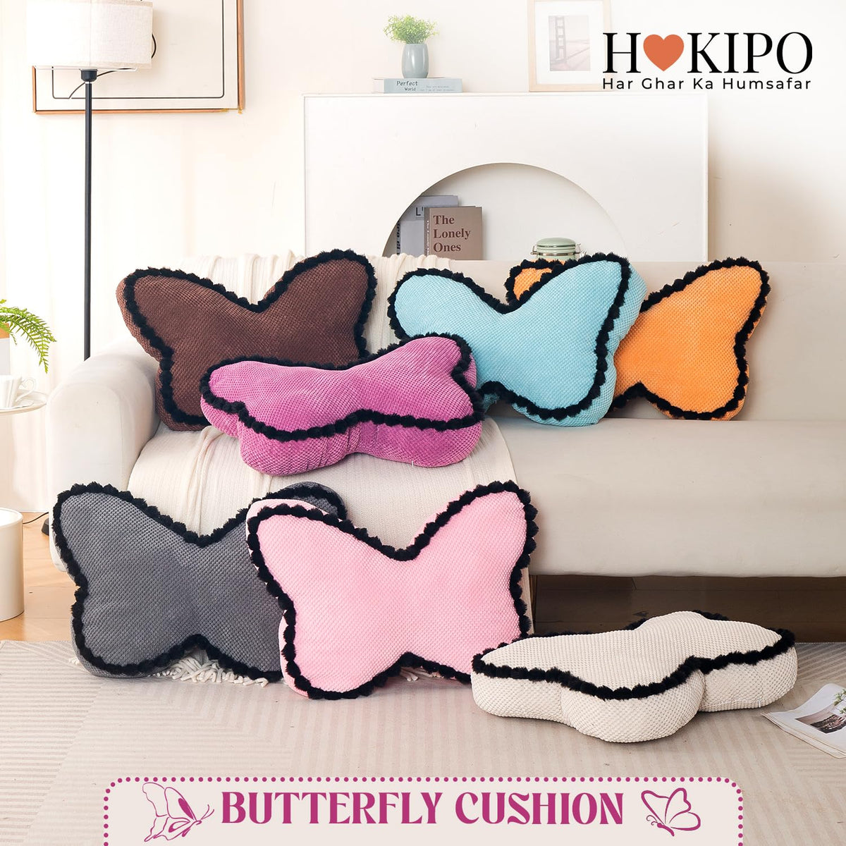 HOKIPO Butterfly Shaped Cushion for Kids Room & Sofa, 53x33 cm, Blue