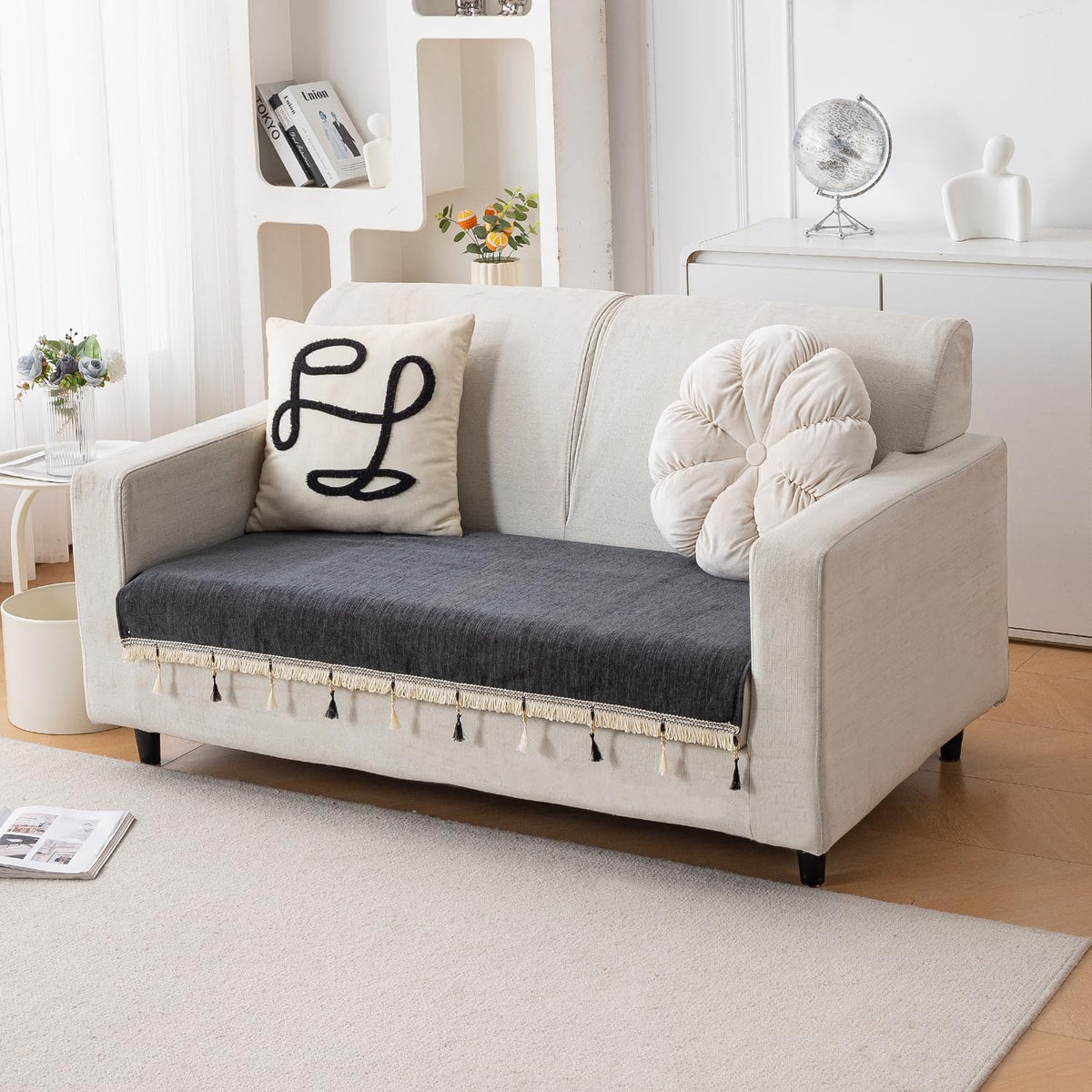 Serenity Tassel Chenille Sofa Cover with Tassel – Midnight Graphite