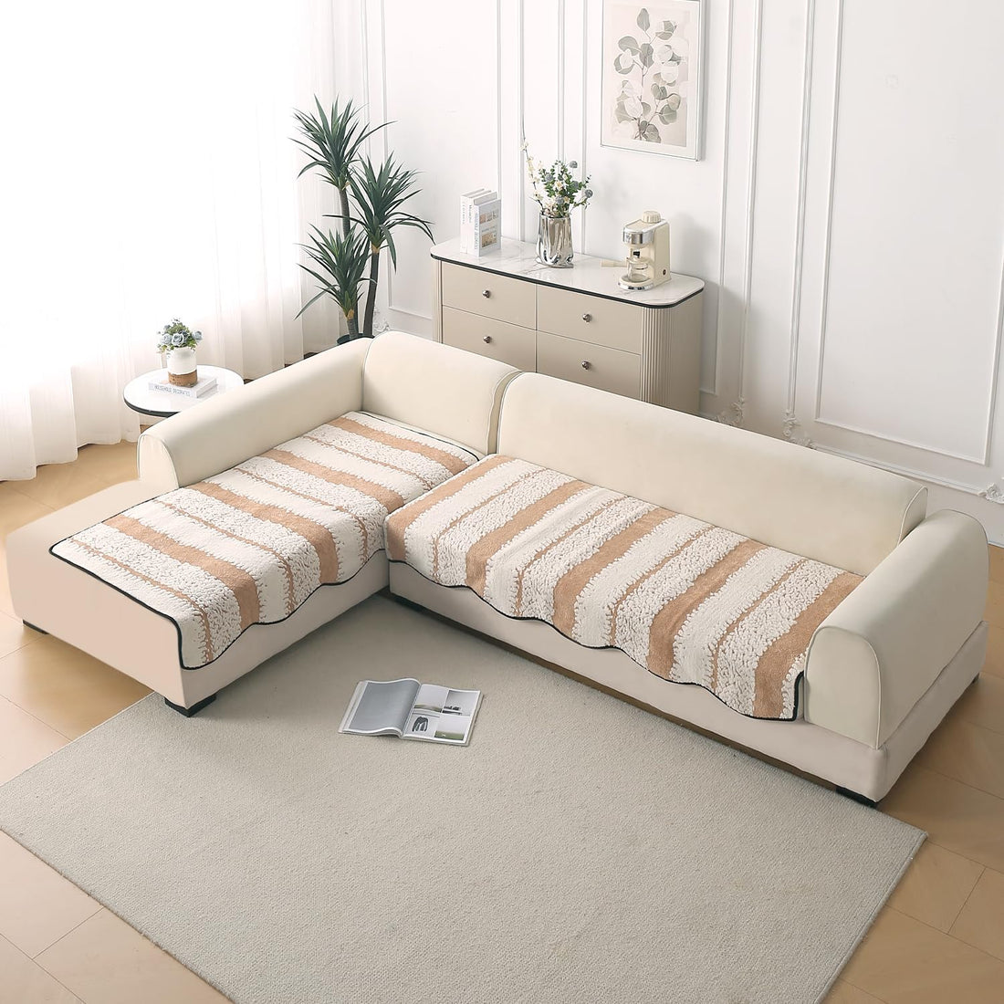 Buy Desert Brown Colour Luxury Wavy L Shape Sofa Cover
