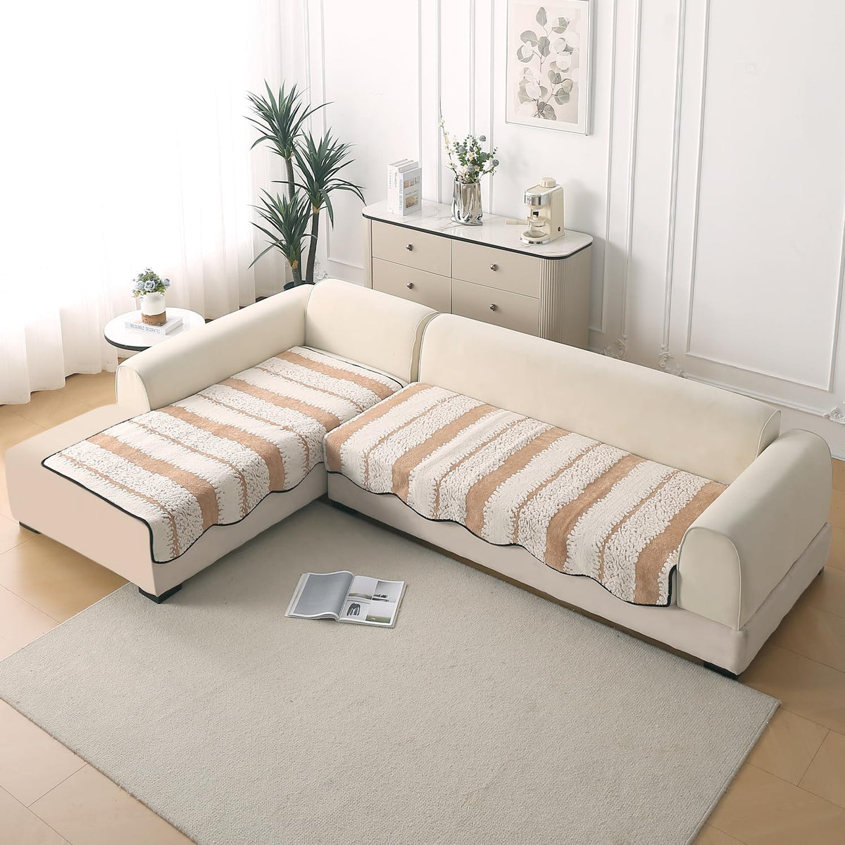 Buy Desert Brown Colour Luxury Wavy L Shape Sofa Cover