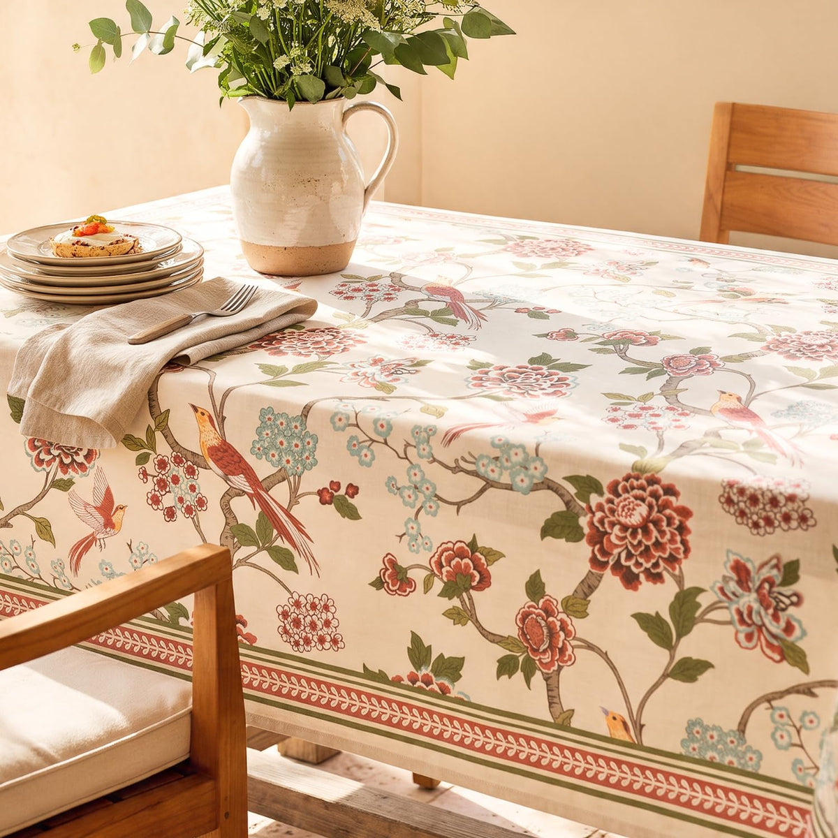 HOKIPO Bird Print 6 Seater Table Cover Cloth, Cream - image 7