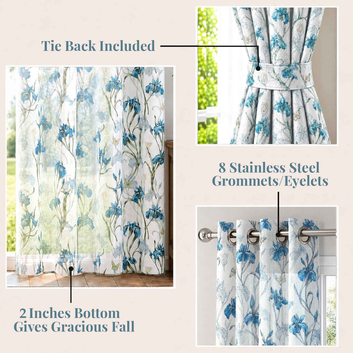 HOKIPO Iris Sheer Curtains, 7 Feet Long - Blue - image 4