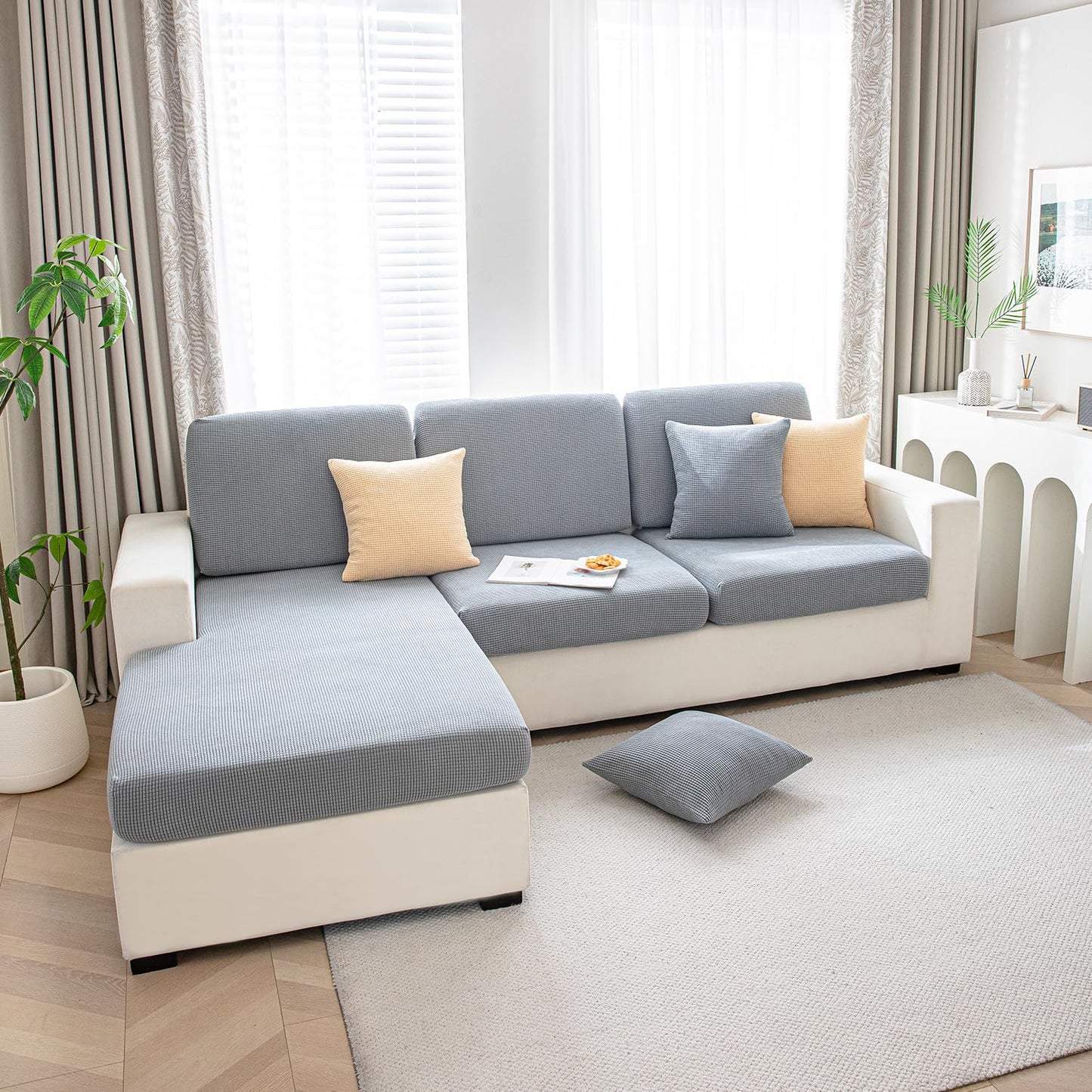 Stretchable Thick Jacquard Textured Seat Cushion Cover for 1/2/3 Seaters / Pieces for Sofa, Light grey