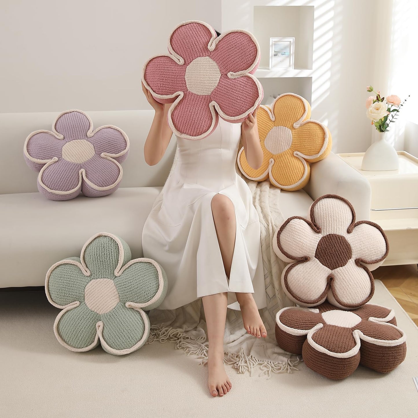 HOKIPO Plush Cotton Flower Cushion | Decorative Throw Pillow for Bed & Sofa - Soft Beige