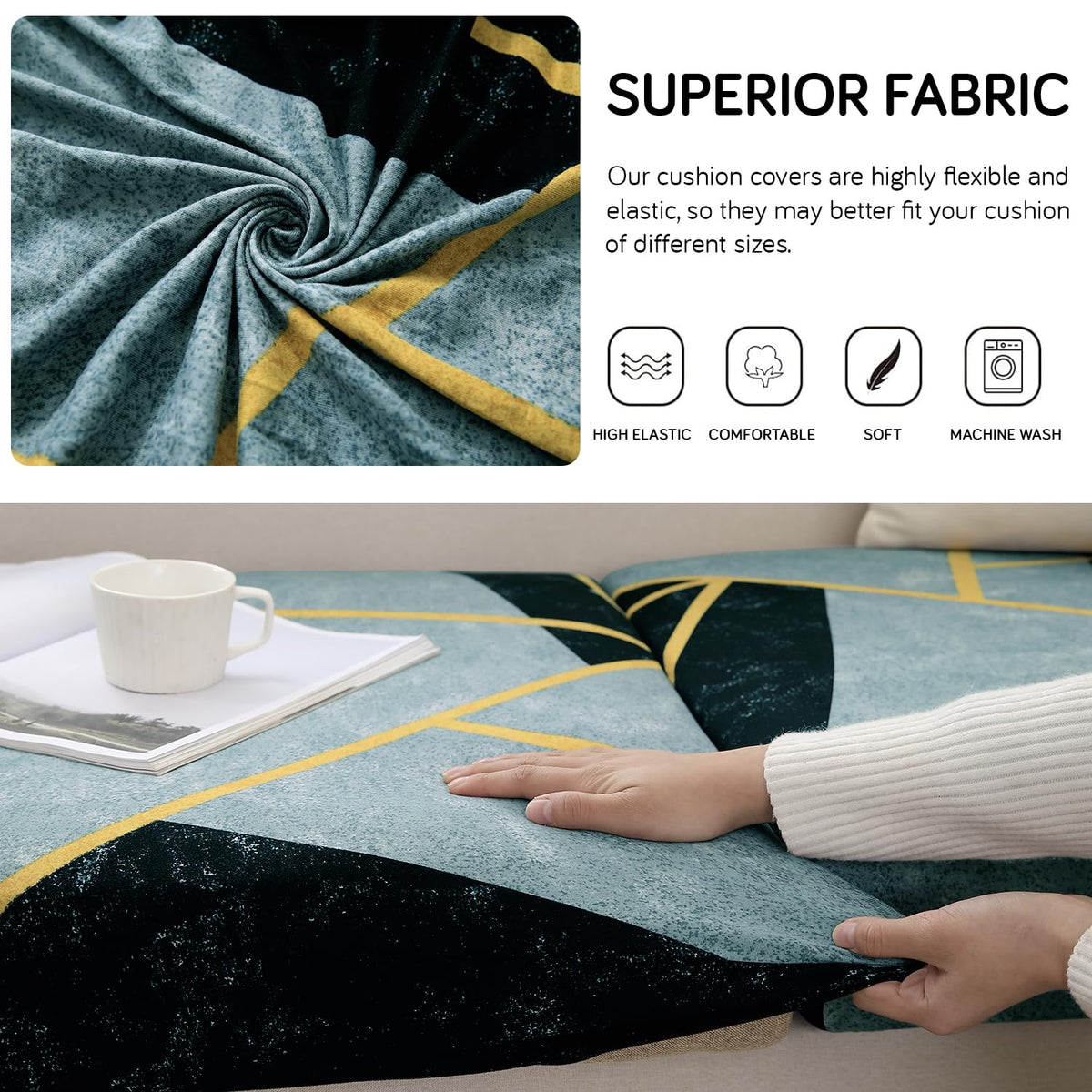140 GSM Stretchable Printed Elastic Sofa Cushion Seat Cover for 1 /2 /3 Seaters / Pieces for Sofa, Multicolor Abstract Geometry