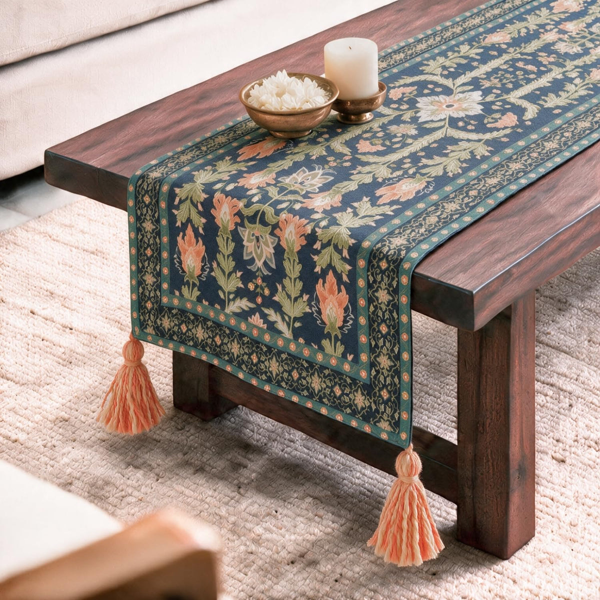 HOKIPO Floral Medallion Printed & Embroidered Table Runner, Midnight Blue - image 8