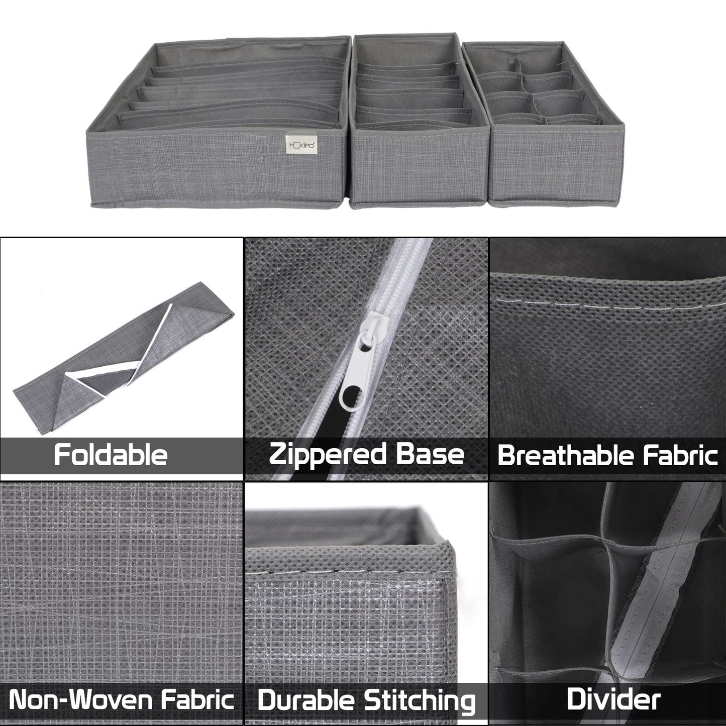 Non-Woven Fabric Undergarment Organizer Storage Box For Drawers Bra Panty Socks Tie Lingerie Organizer For Wardrobe, Grey