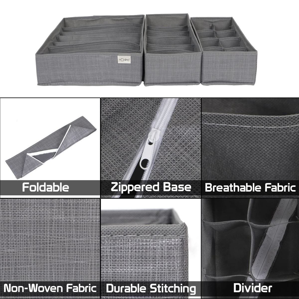 Non-Woven Fabric Undergarment Organizer Storage Box For Drawers Bra Panty Socks Tie Lingerie Organizer For Wardrobe, Grey