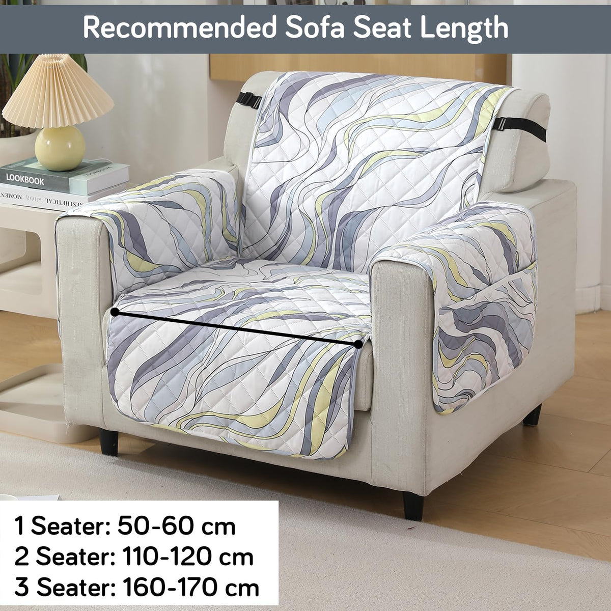 single seater quilted waterproof sofa cover - Curved Lines Pearl White print  | Hokipo
