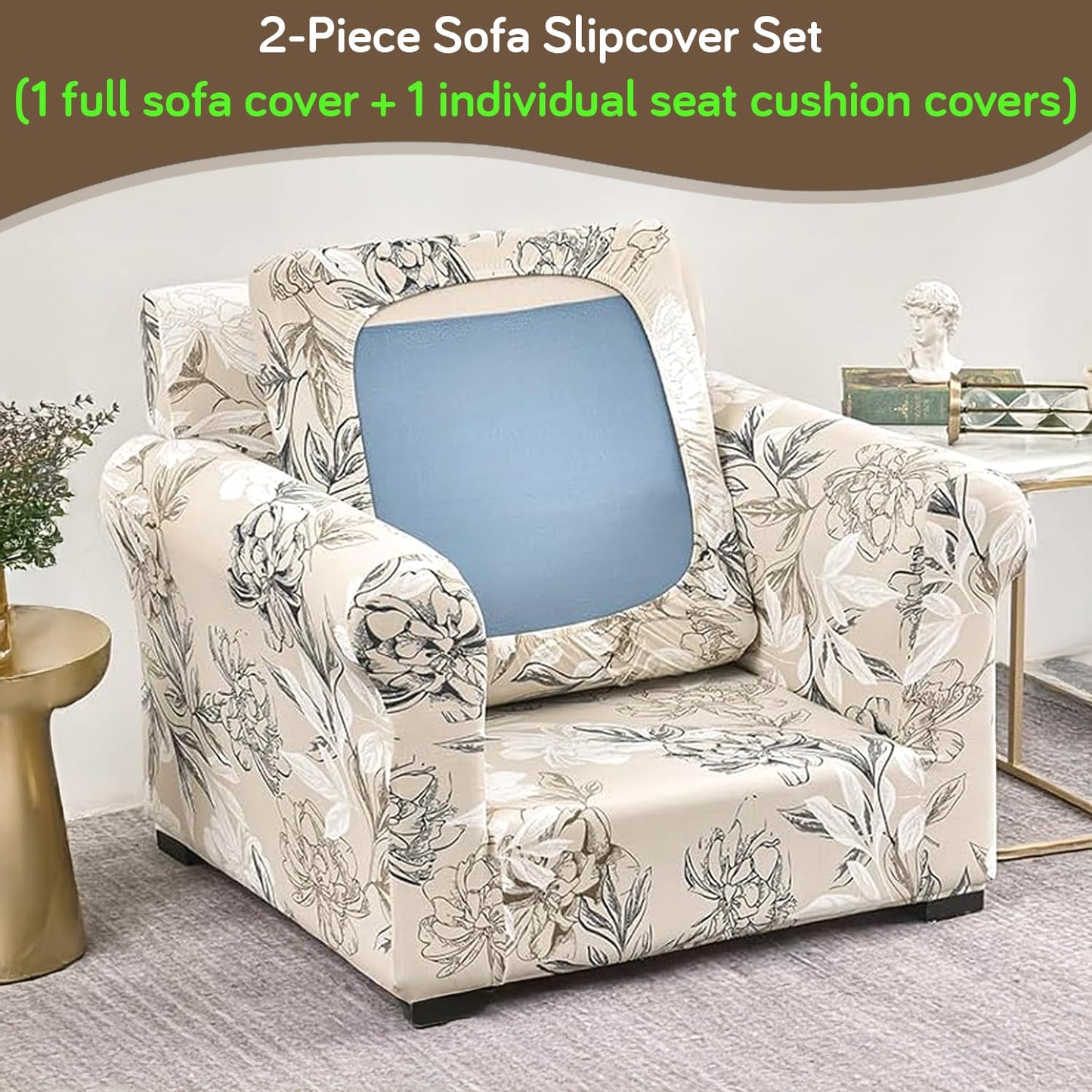 Printed Stretchable Sofa Slipcover with 1/2/3 Pc Separate Seat Cushion Cover for each 1/2/3 Seater, Beige Vintage Peony