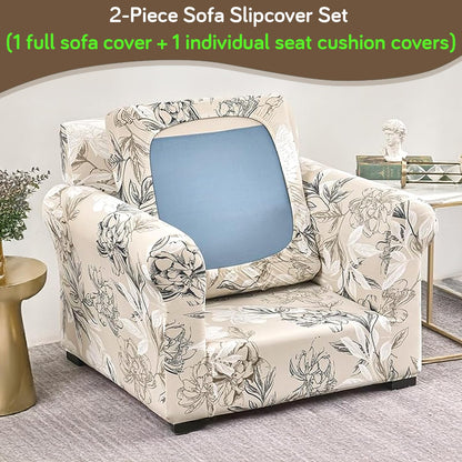 Printed Stretchable Sofa Slipcover with 1/2/3 Pc Separate Seat Cushion Cover for each 1/2/3 Seater, Beige Vintage Peony