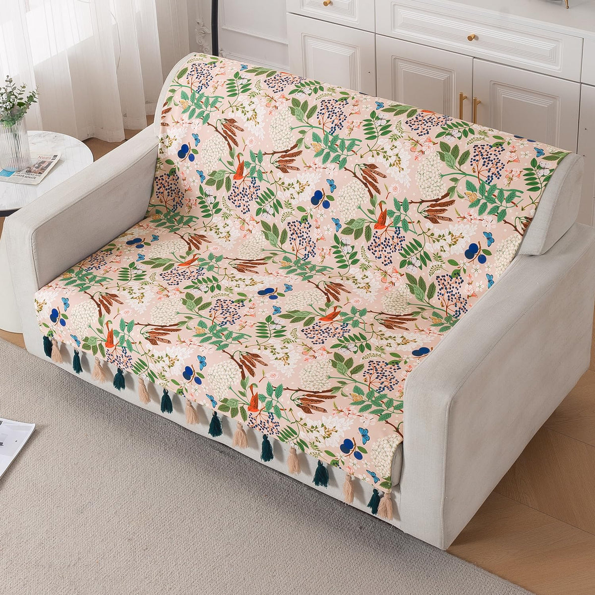 'Whispers of Nature' Series Holland Velvet Sofa Cover with Tassel, Beige Woodland Bloom