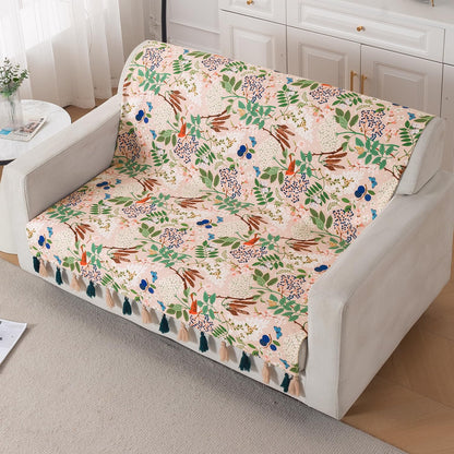 'Whispers of Nature' Series Holland Velvet Sofa Cover with Tassel, Beige Woodland Bloom