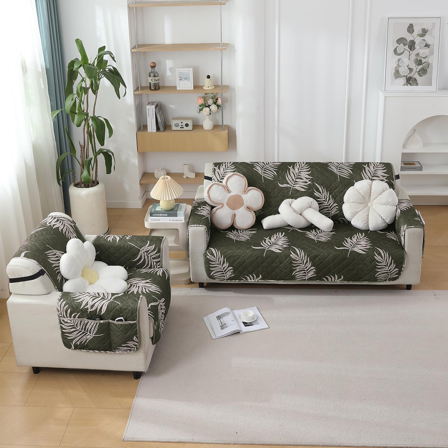 Quilted Waterproof Sofa Cover Mat with Pockets on Armrest Cover - Palm Leaves Olive