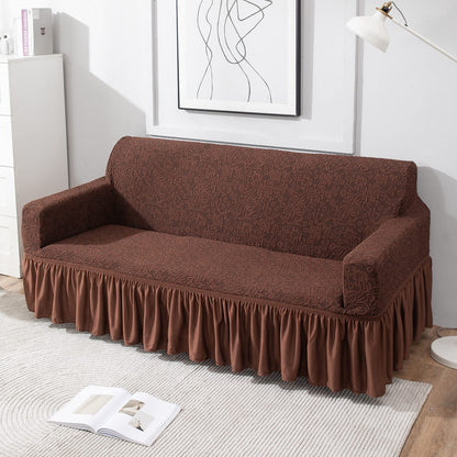Elastic Stretchable Designer Woven Jacquard Sofa Cover with Frill and Cushion Cover, Pecan Brown