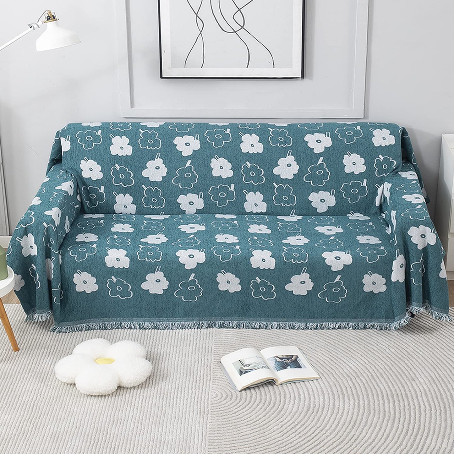 Thick, Soft and Pet Friendly Chenille Sofa Cover Throw, Teal Floral