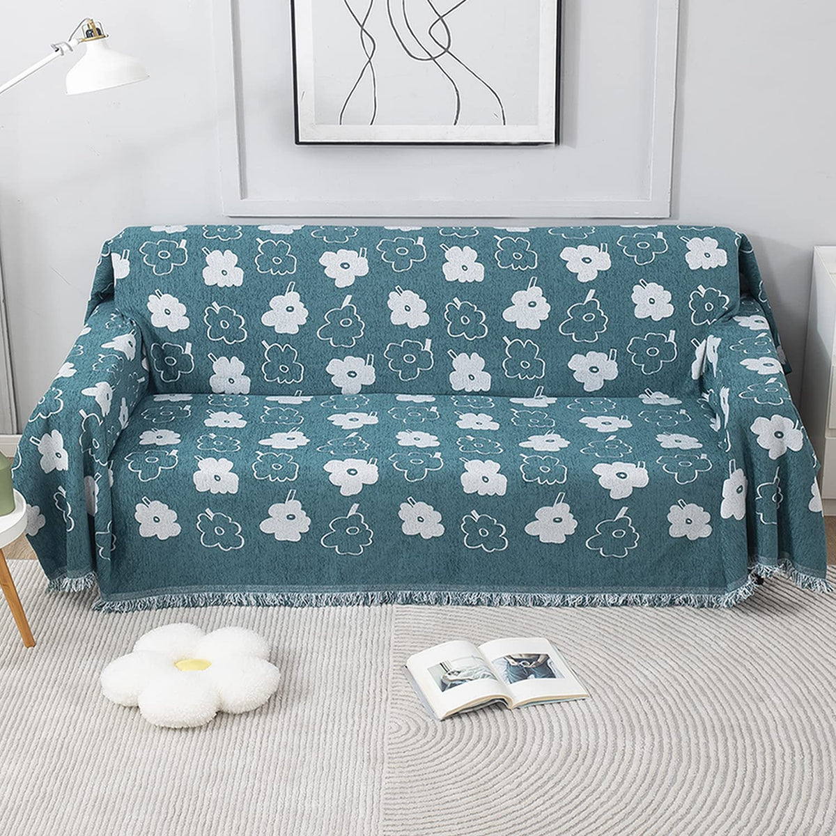 Thick, Soft and Pet Friendly Chenille Sofa Cover Throw, Teal Floral