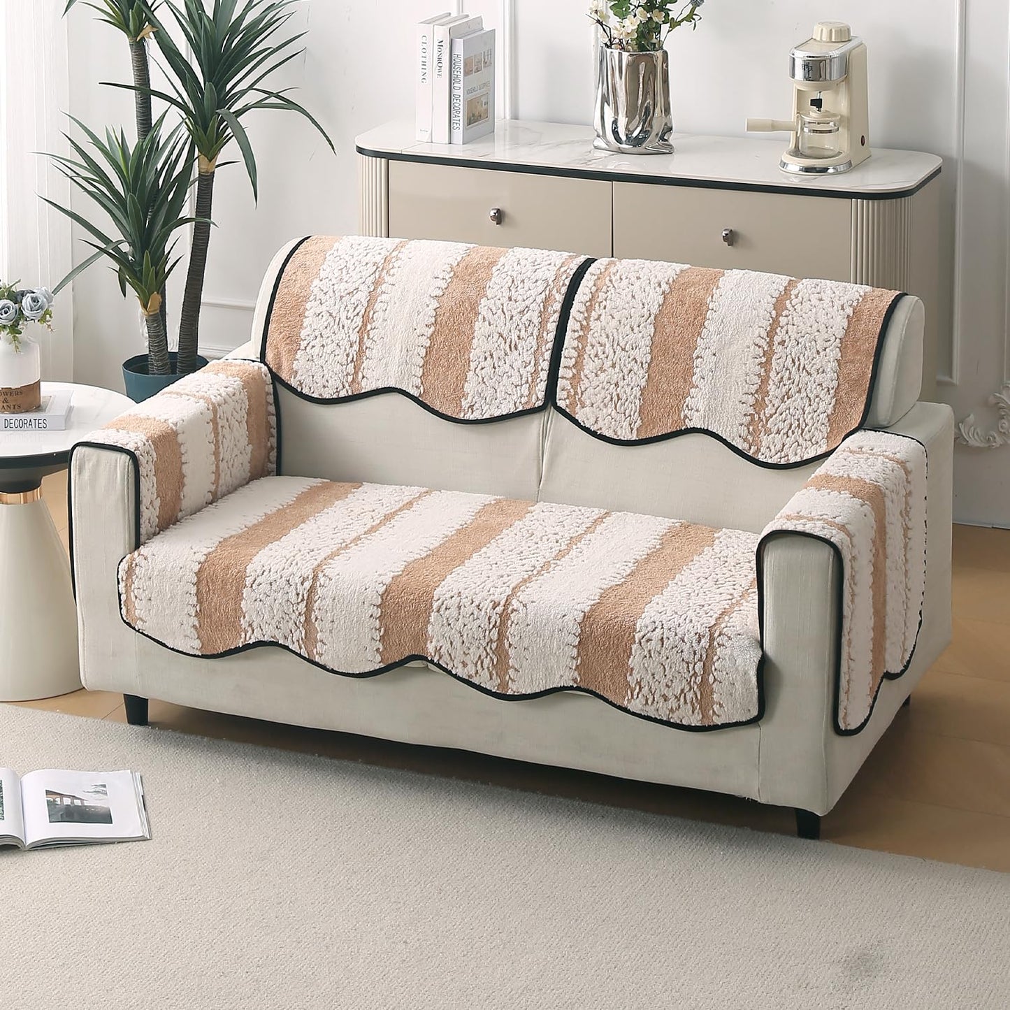 Luxury Sofa Cover Set | Seat, Back & Arm Covers | Anti-Slip Wavy Mat – Desert Brown