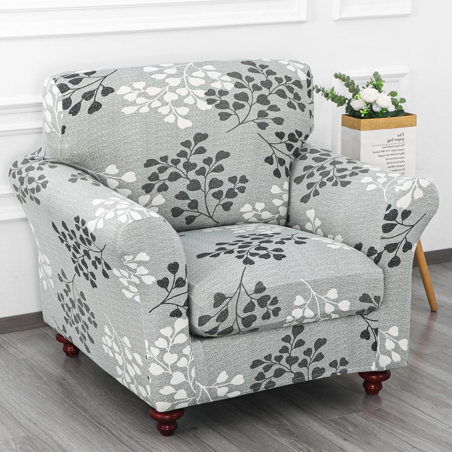 Printed Stretchable Sofa Slipcover with 1/2/3 Pc Separate Seat Cushion Cover for each 1/2/3 Seater, Grey Misty Branches