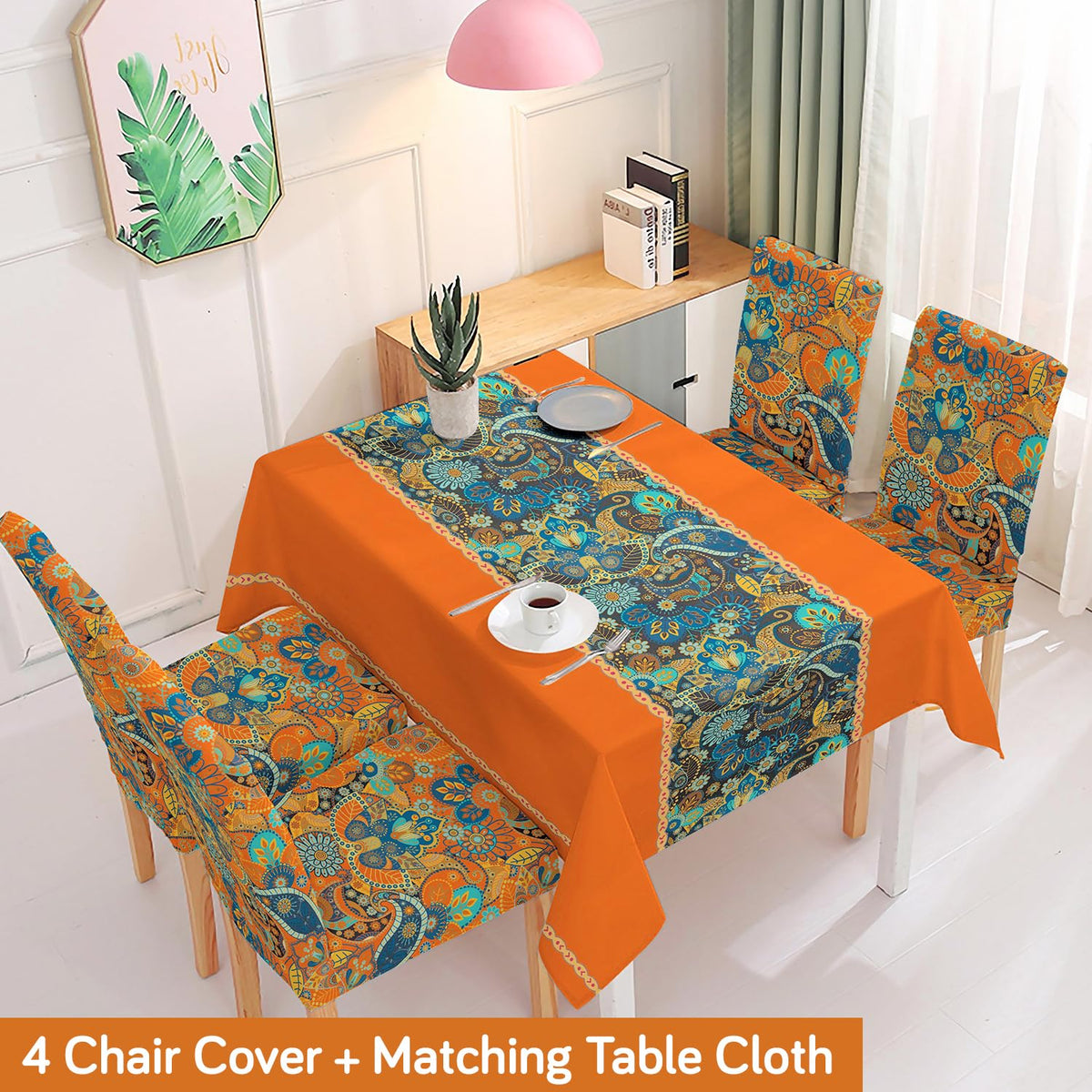 Orange Printed Dining Set Cover | 4/6 Seater